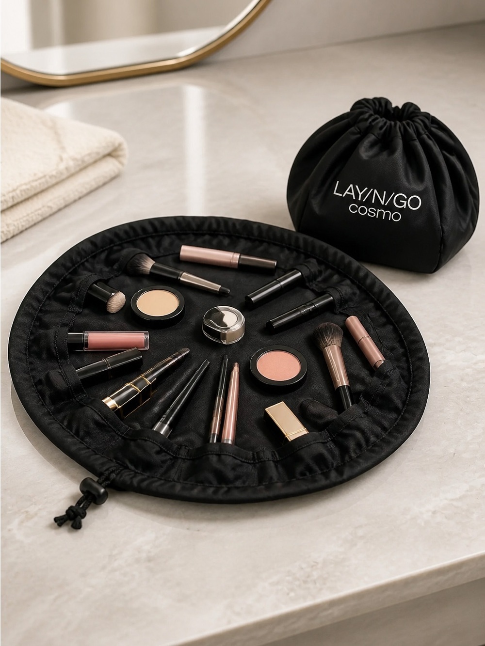 NWT Lay N Go Cosmo Plus Black Washable Makeup Bag Drawstring